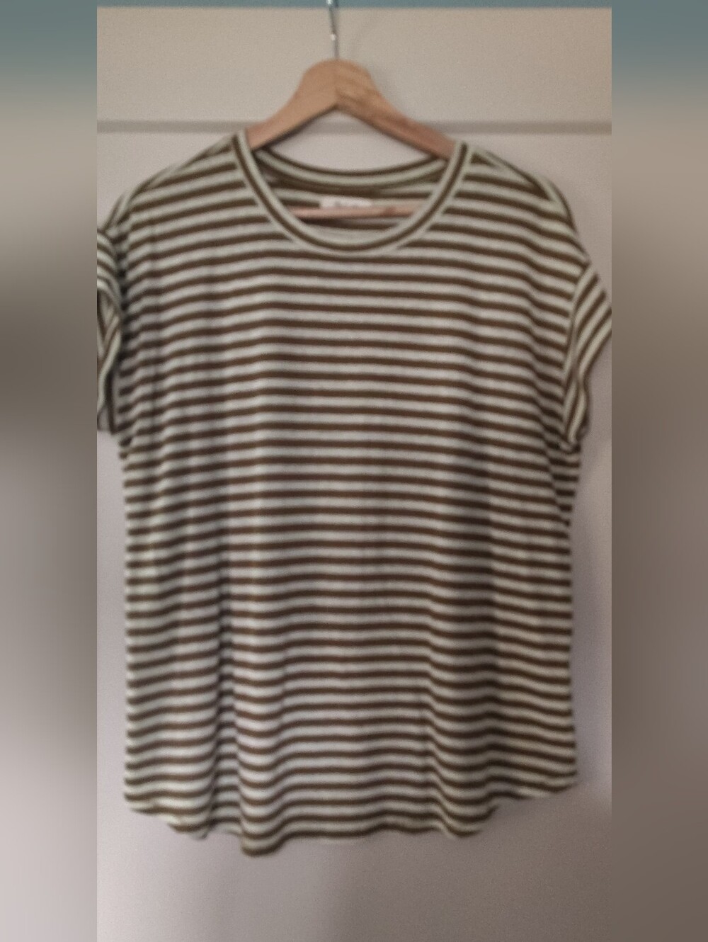 Madewell Striped Tee- Light Green and Brown. Medium